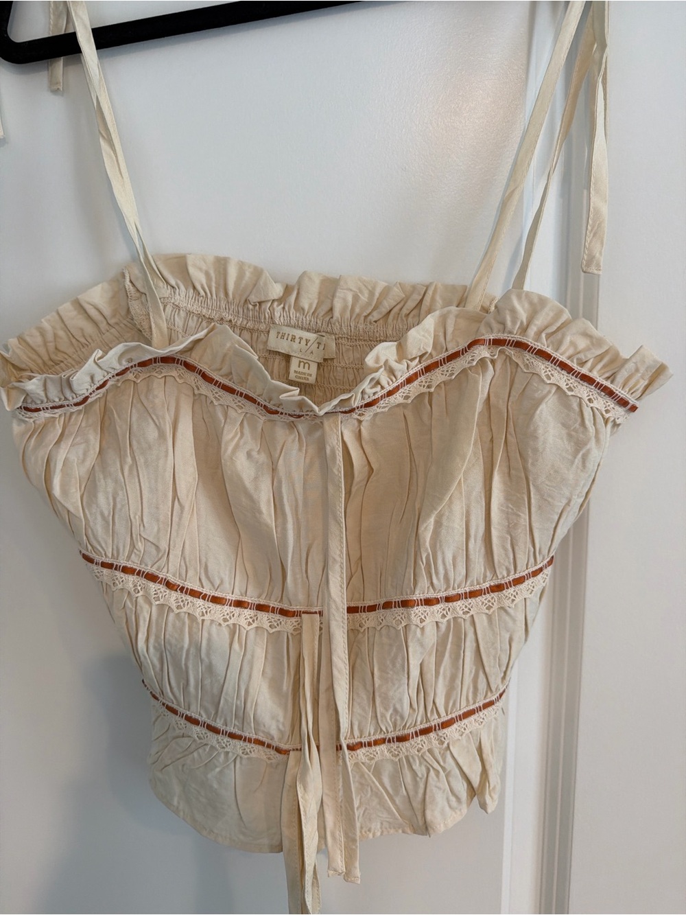 Boho Ruffle Crop Top Cream Lace Trim Tie Front Size Medium